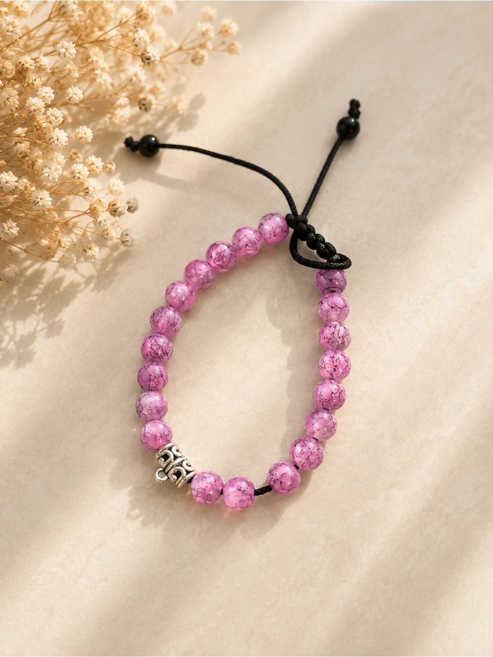 Kids Adjustable Pink Beaded Bracelet with Silver Accent